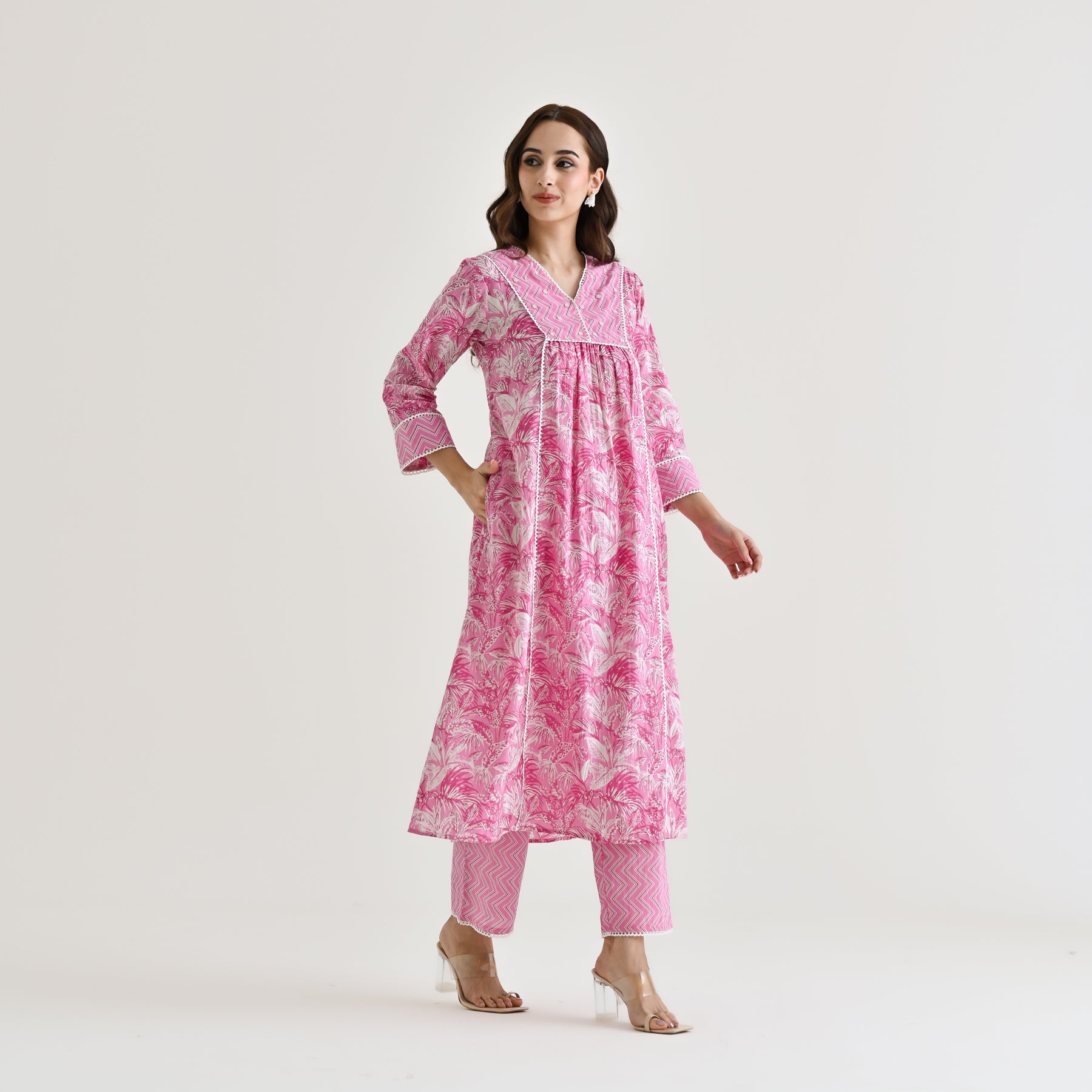 Baby Pink Sanganeri Cotton Kurta with Embroidery & Lace Details
