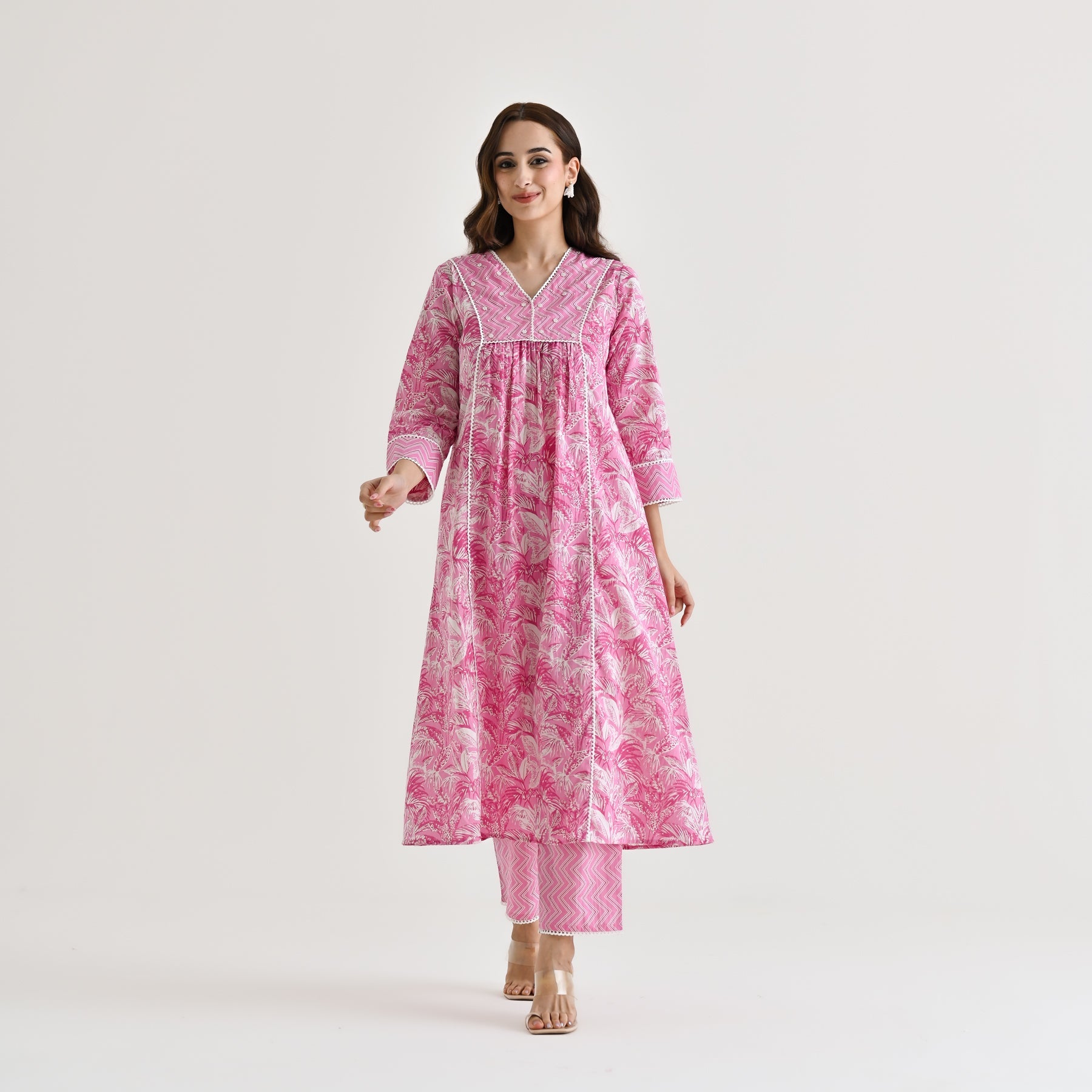 Baby Pink Sanganeri Cotton Kurta with Embroidery & Lace Details