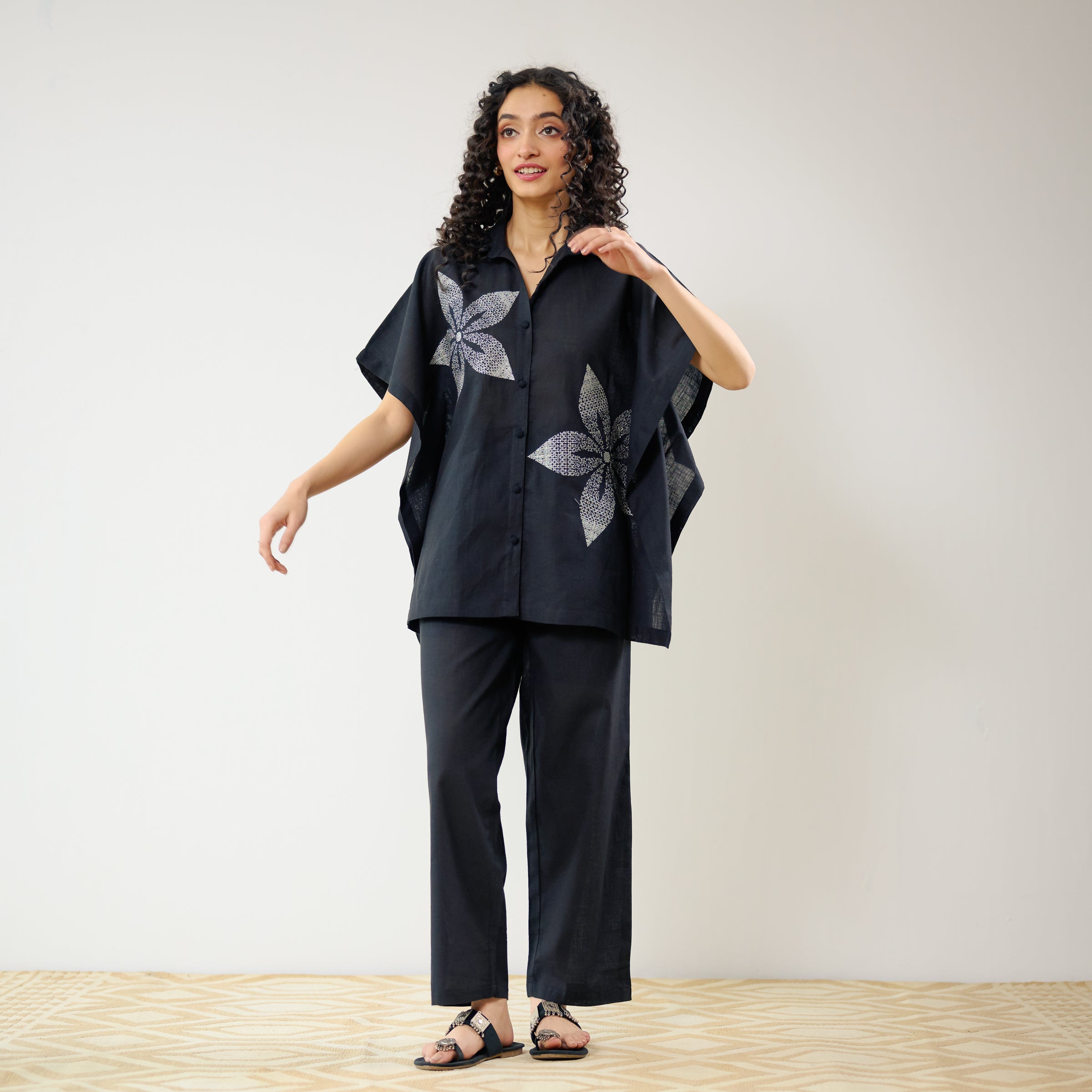 Dahlia Statement Embroidered Cotton Co-ord Set - Black