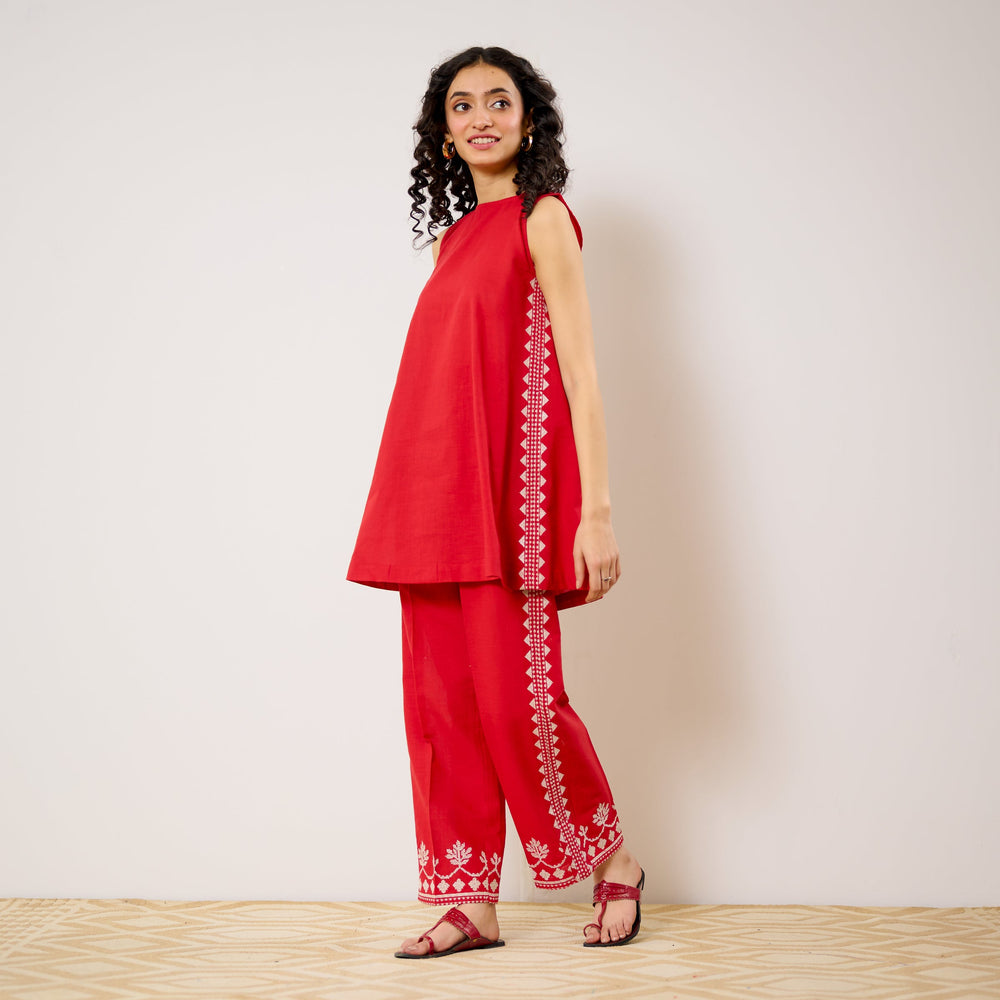 Pehar Statement Embroidered Cotton Co-ord Set - Red