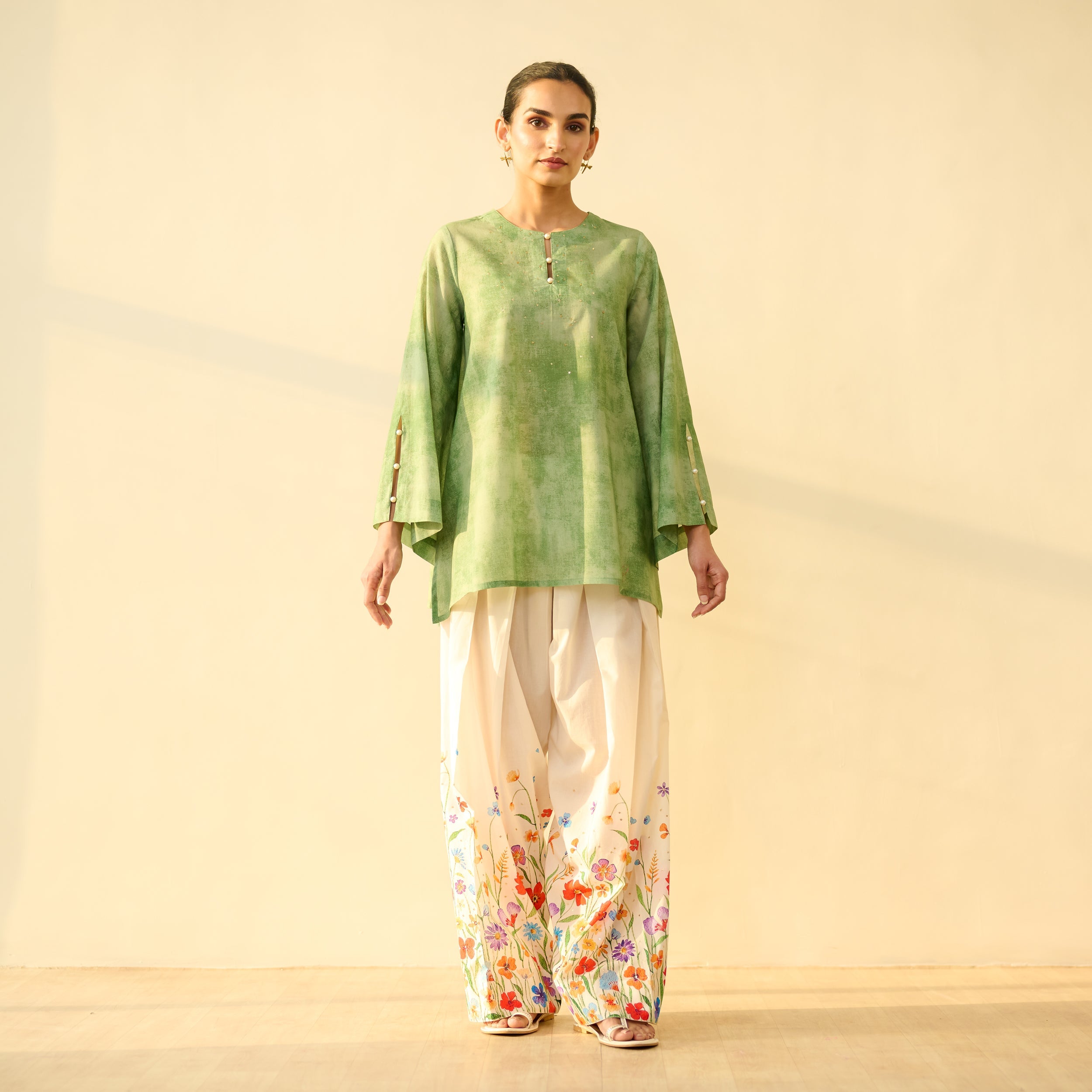 Basant Hand Embroidered Mulmul Cotton Farshi Set - Sage Green