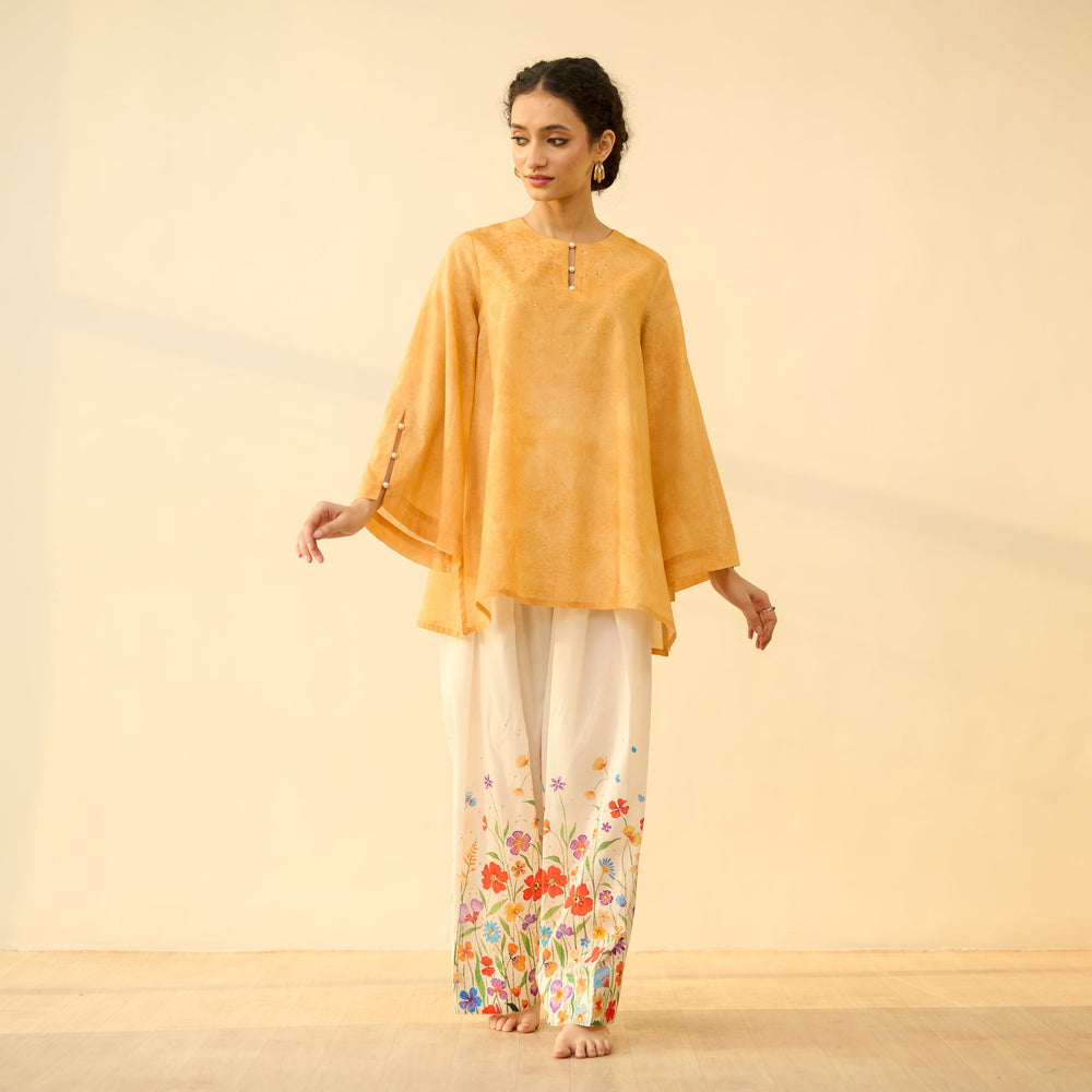 Basant Hand Embroidered Mulmul Cotton Farshi Set - Turmeric Yellow