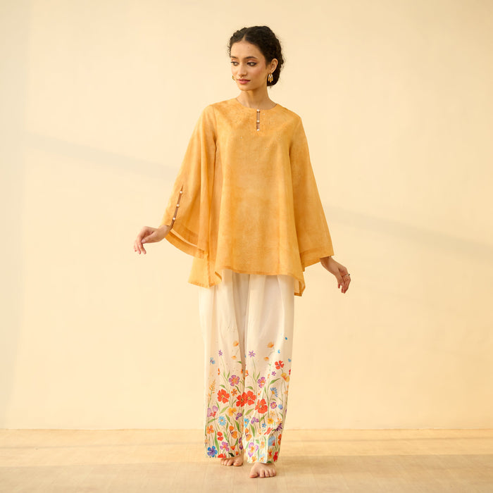 Basant Hand Embroidered Mulmul Cotton Farshi Set - Turmeric Yellow