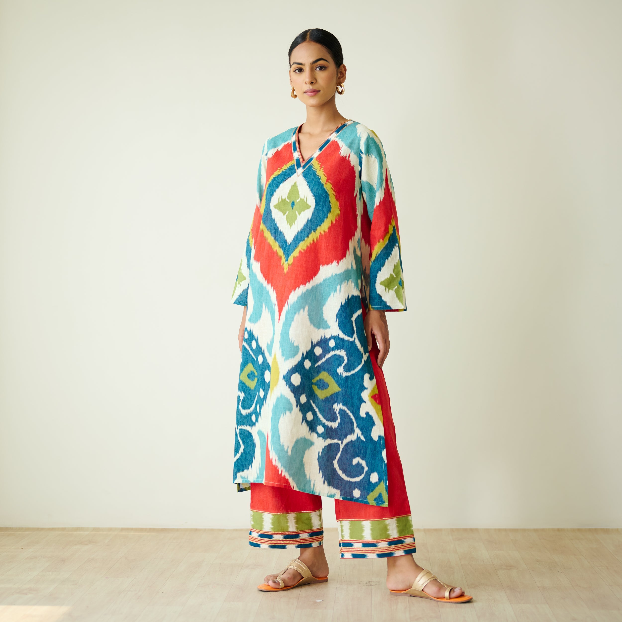 Aurora Slub Cotton Kurta Set with Gota Detailing - Multicolour