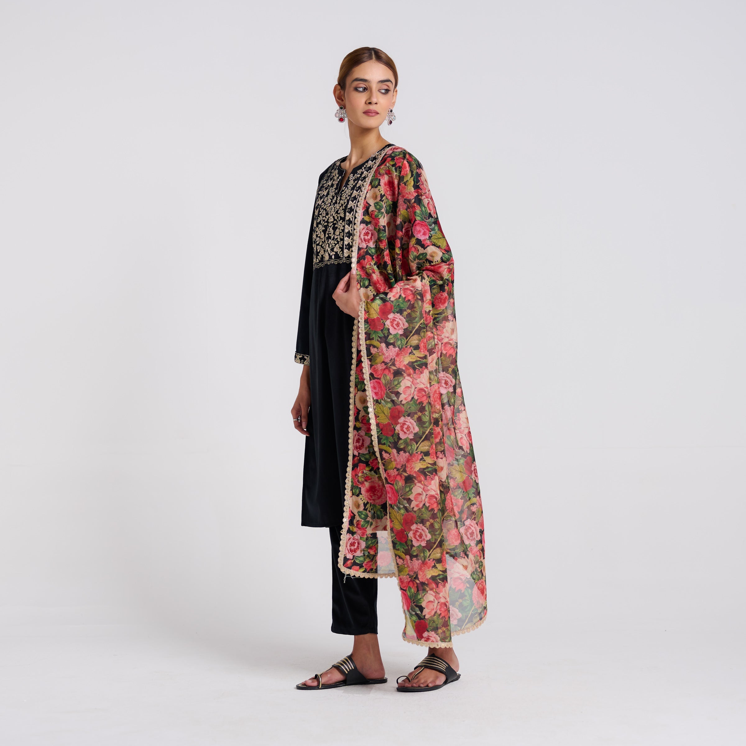 Black Embroidered Phulwari Velvet Set with Dupatta