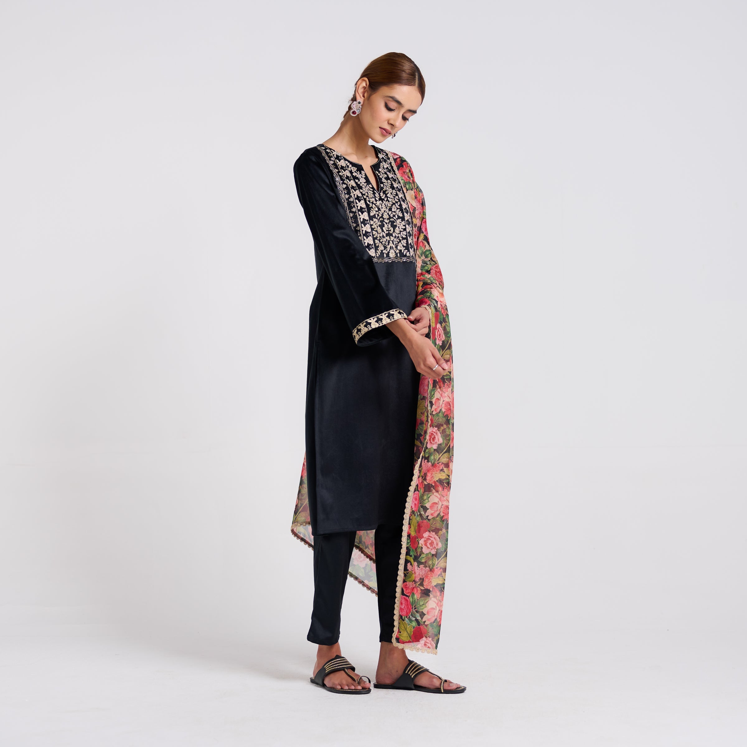 Black Embroidered Phulwari Velvet Set with Dupatta