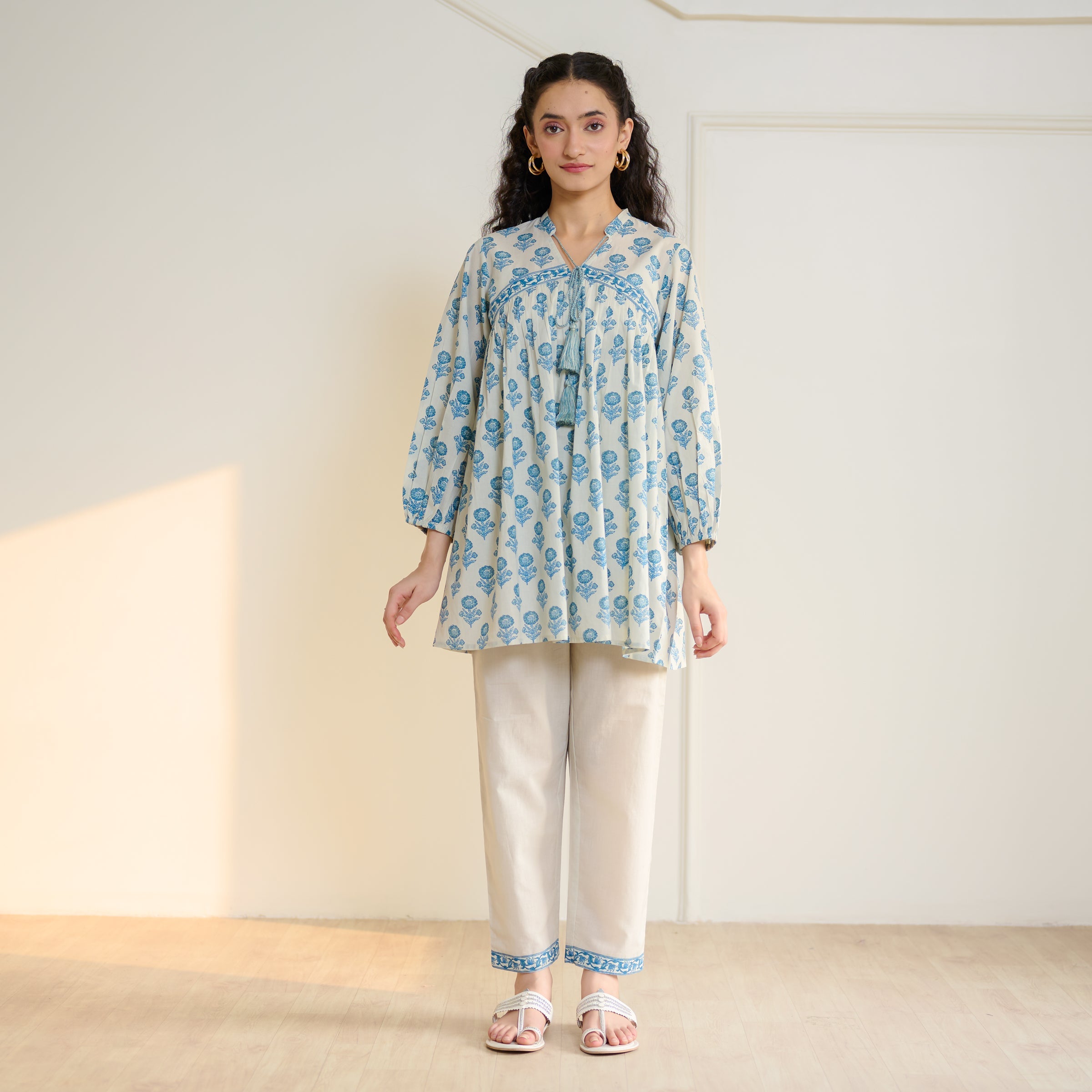 Blossom Sanganeri Inspired Co-ord Set with Tie-up Neckline - Beige