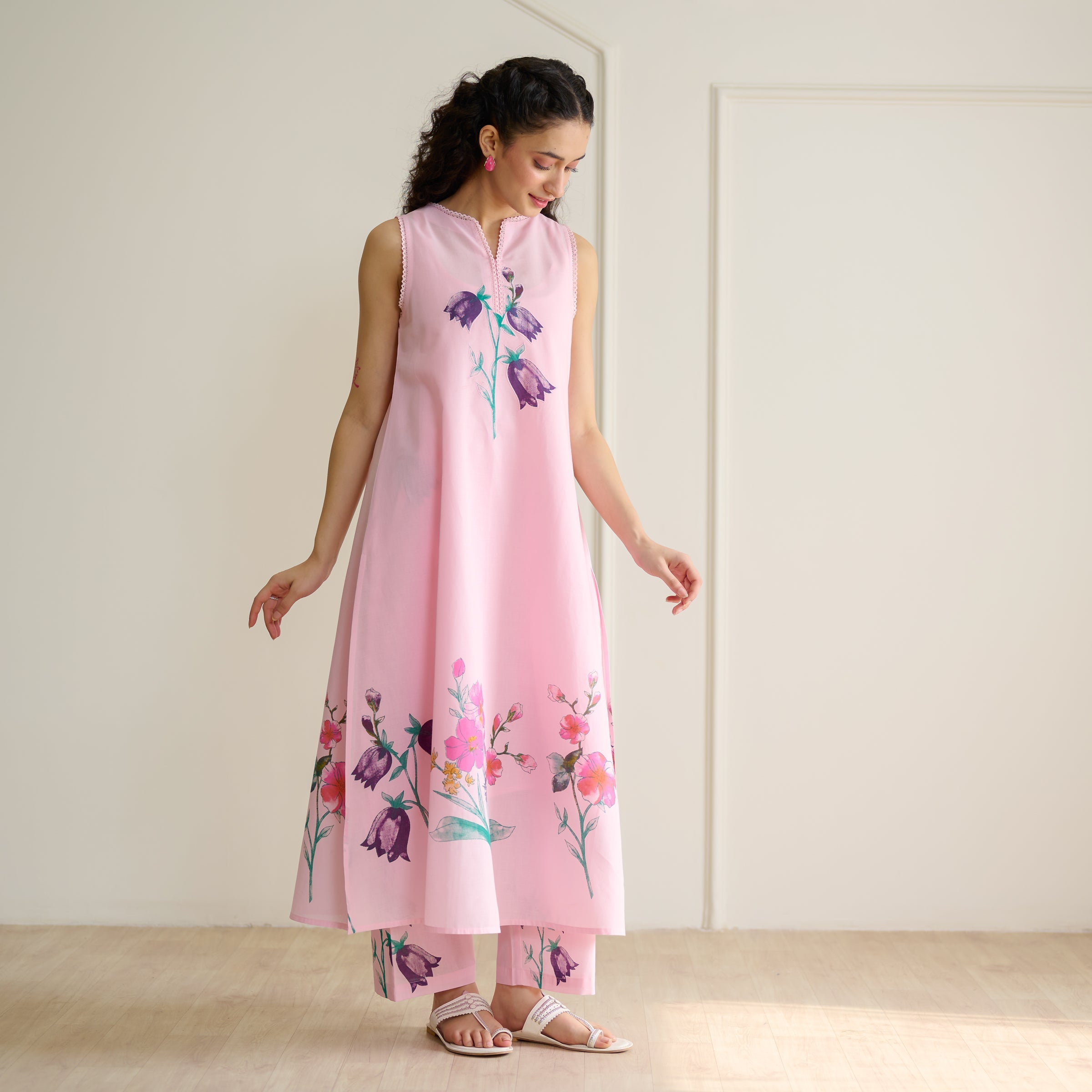 Aviva Patchwork Cotton Kurta Set with Mulmul Slip - Candy Pink