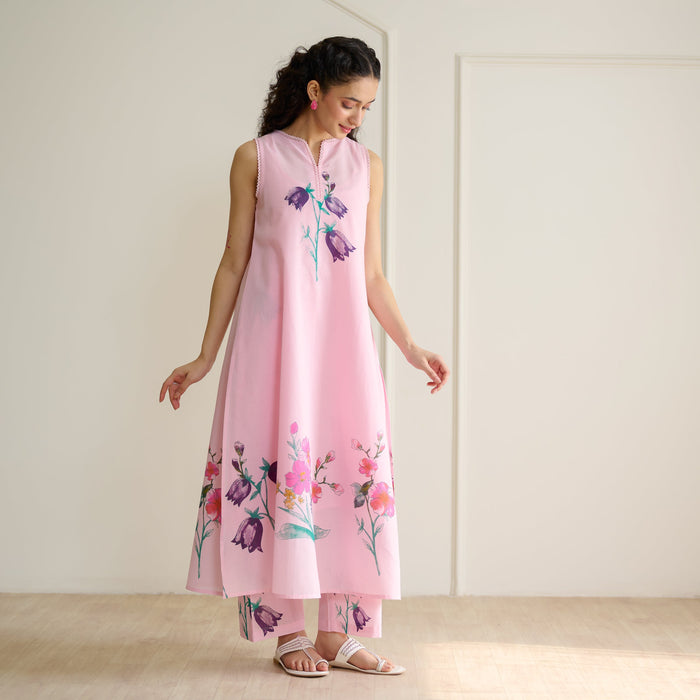 Aviva Patchwork Cotton Kurta Set with Mulmul Slip - Candy Pink