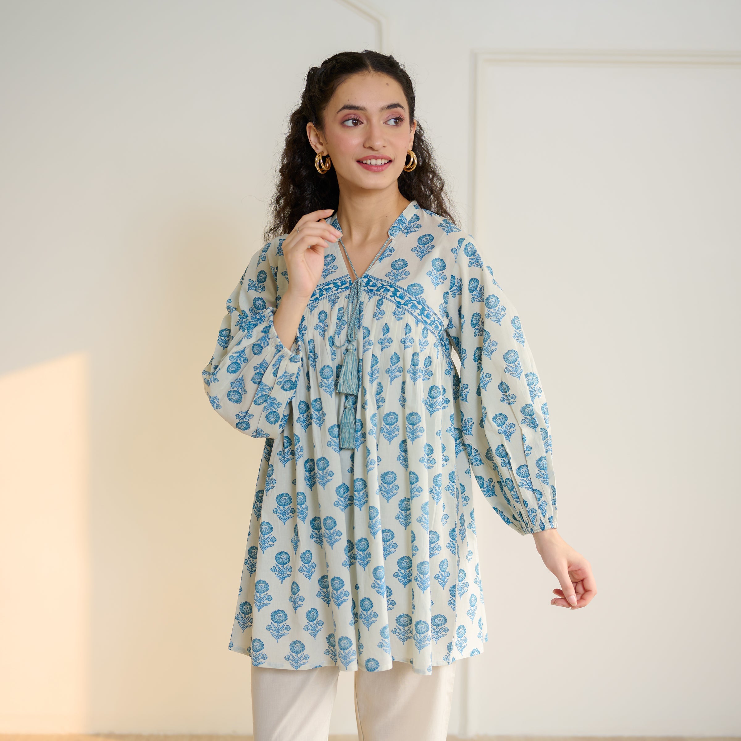 Blossom Sanganeri Inspired Co-ord Set with Tie-up Neckline - Beige