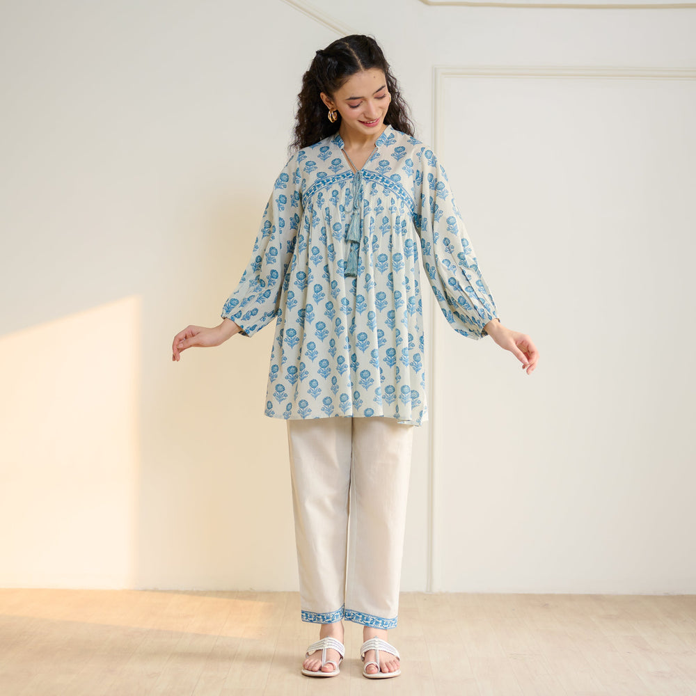 Blossom Sanganeri Inspired Co-ord Set with Tie-up Neckline - Beige