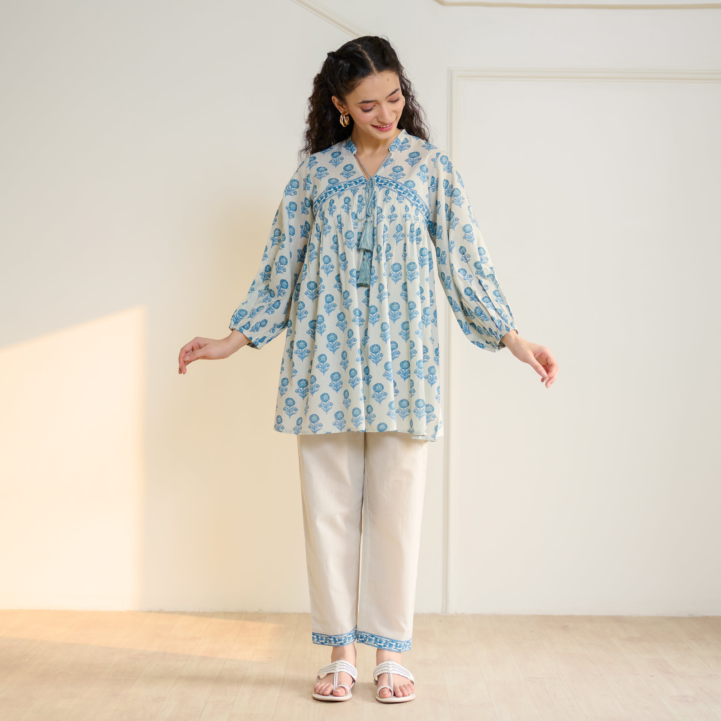 Blossom Sanganeri Inspired Co-ord Set with Tie-up Neckline - Beige