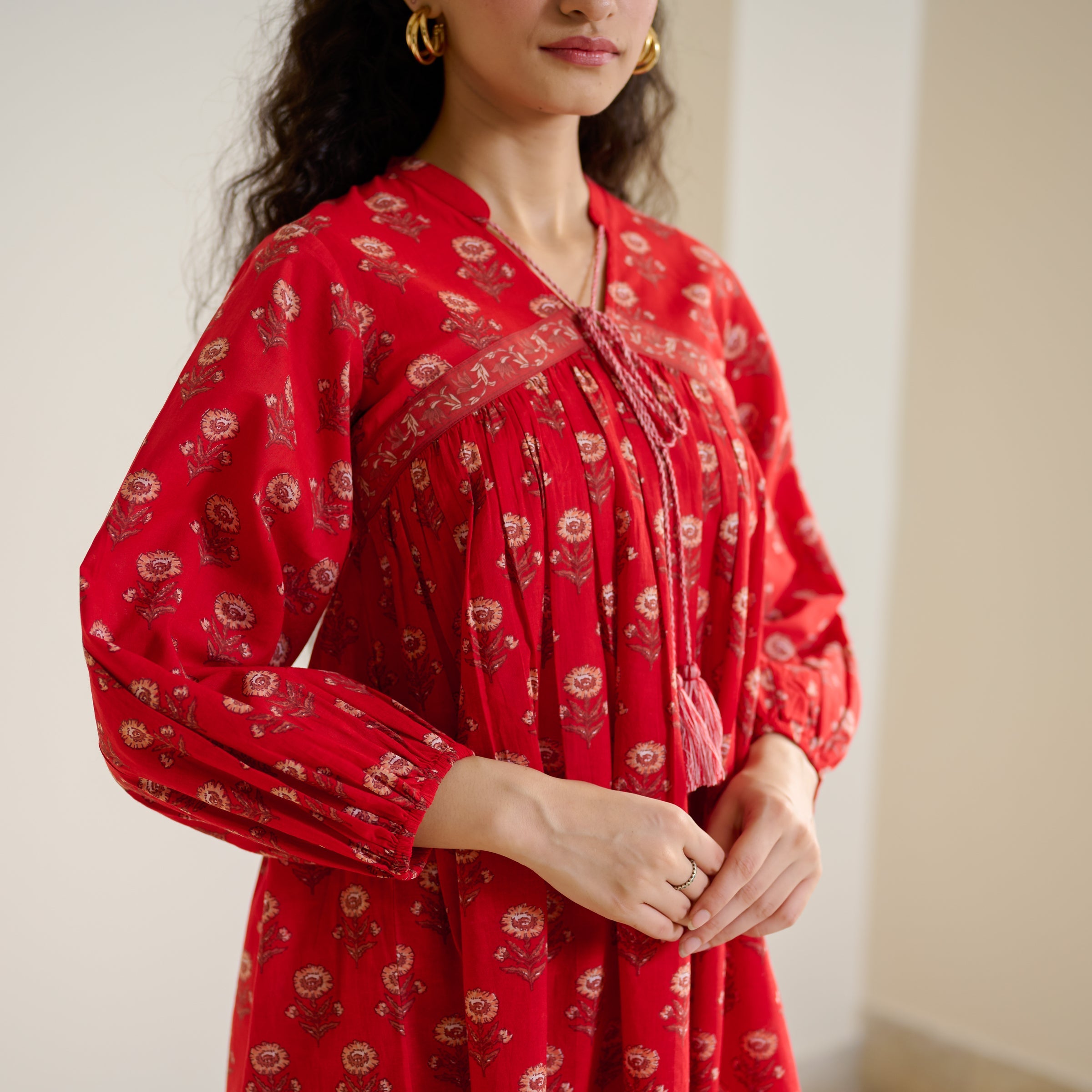 Blossom Sanganeri Inspired Co-ord Set with Tie-up Neckline - Cherry Red