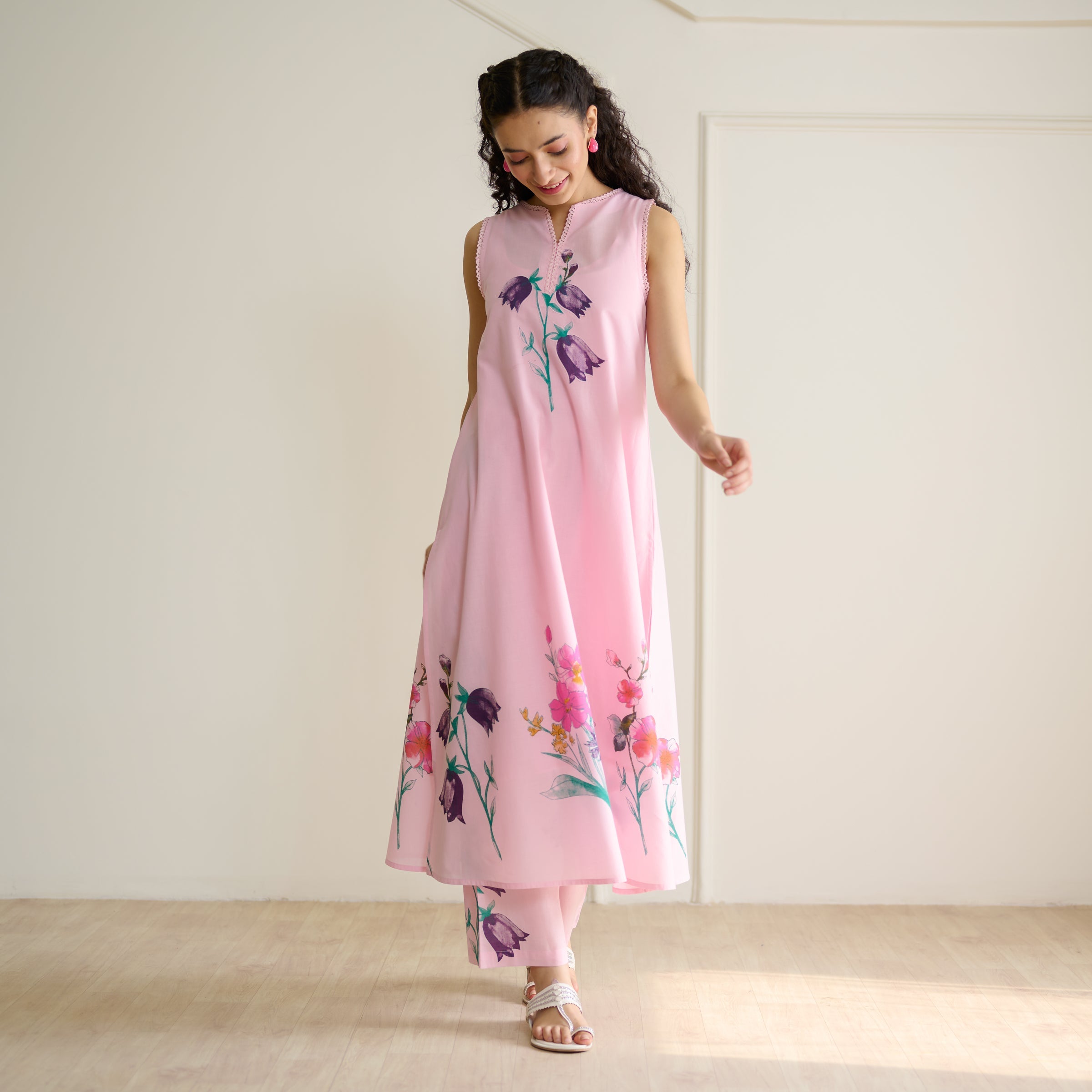 Aviva Patchwork Cotton Kurta Set with Mulmul Slip - Candy Pink